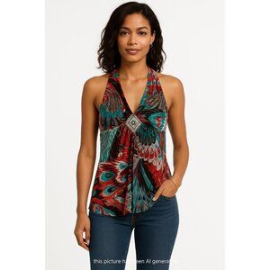Jaloux Zalu Halter Top Multi Silk Blend Boho Jewel Detail Size M